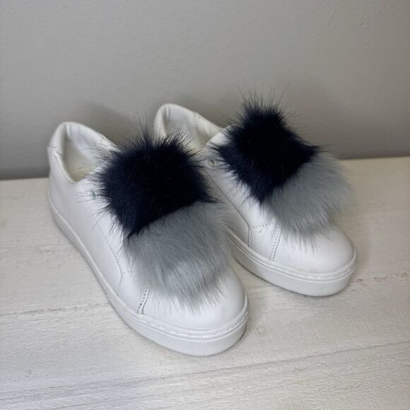 Sam Edelman Leya White Sneakers Shoes Faux Fur Pom Pom Size 6 - Picture 2 of 10
